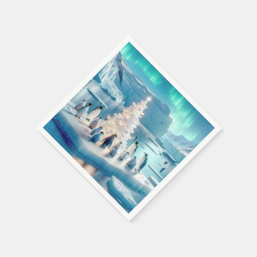 Pinguine versammelten sich um einen Weihnachtsbaum Serviette (Ecke)