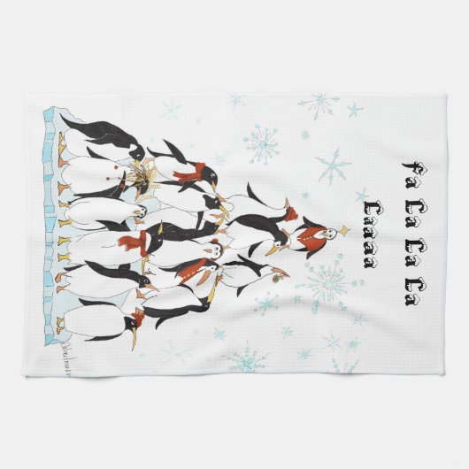Pinguine Weihnachtsbaum Comic Illustration Geschirrtuch (Horizontal)