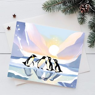 Pinguine Winter Aquarell   Schnee und Eis süß Feiertagskarte