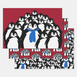 Pinguinfamilie Geschenkpapier auf Weihnachten Rot Set