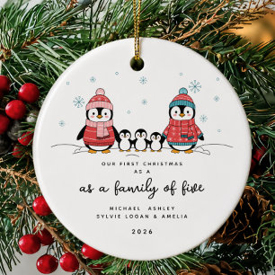 Pinguinfamilie mit fünf Weihnachtsbaumanhängern Keramik Ornament
