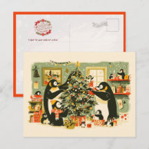 Pinguinfamilie schmückt Weihnachtsbaum Postkarte