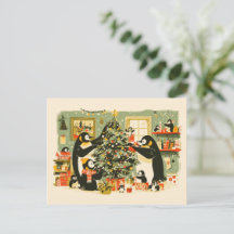 Pinguinfamilie schmückt Weihnachtsbaum Postkarte