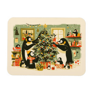 Pinguinfamilie schmückt Weihnachtsbaum Postkarte Magnet