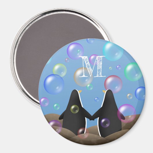 Pinguinfreunde schauen auf mit Monogramm Blasen Magnet (Vorderseite/Rückseite)