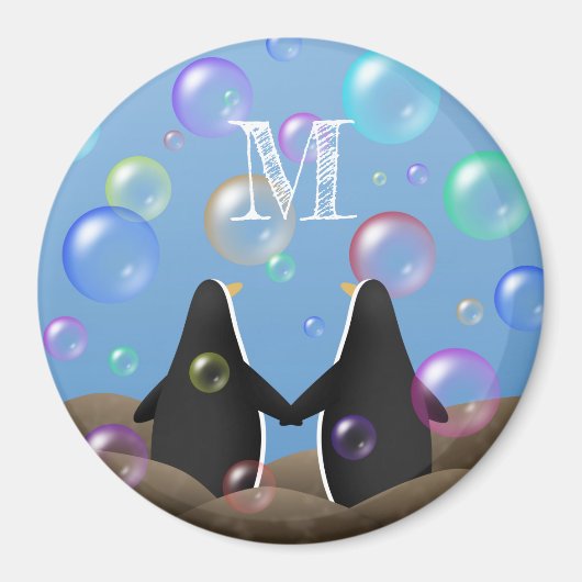 Pinguinfreunde schauen auf mit Monogramm Blasen Magnet (Vorne)