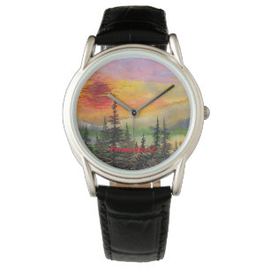 Pinien und Sonnenuntergang auf dem "Highland Lands Armbanduhr