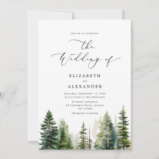 Pinienbäume Eleganter qr Code Hochzeit Einladung (Vorderseite)