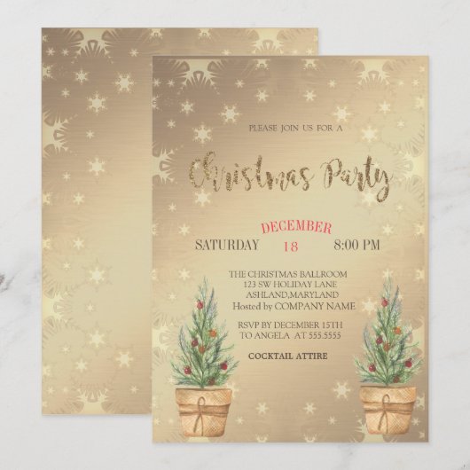 Pinienbäume, goldenes Weihnachtsgebäck - Party Einladung (Vorne/Hinten)