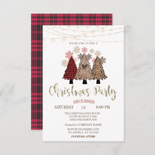 Pinienbäume, Lichter, Buffalo Kariertes Party Einladung (Vorne/Hinten)