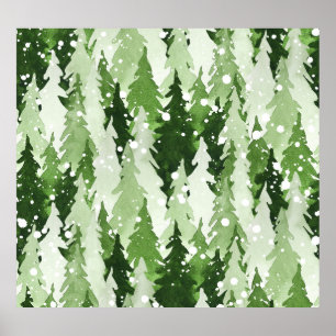 Pinienbäume Schnee: Weihnachten in Aquarellen. Poster