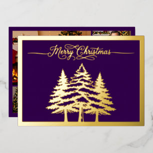 Pinienbäume und frohe Weihnachten in Lila, Gold Folien Feiertagskarte