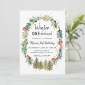 Pinienbäume Winter Onederland Geburtstag Einladung (Stehend Vorderseite)