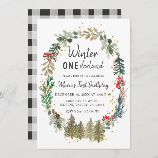 Pinienbäume Winter Onederland Geburtstag Einladung (Vorne/Hinten)