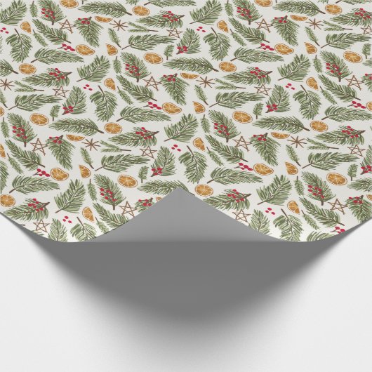 Pinienfrüchte, Berere, kandierte Orangen, Weihnach Geschenkpapier (Ecke)