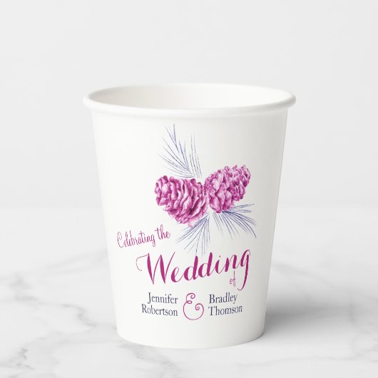 Pinienkegel zeichnend Winterhochzeit mit blauer Pf Pappbecher (Rückseite)