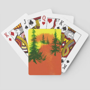 Pinienlandschaft mit intensiv orange-gelbem Sonnen Spielkarten