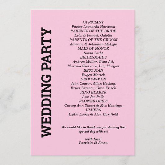 Pink 12x18 Wedding Programm (Rückseite)