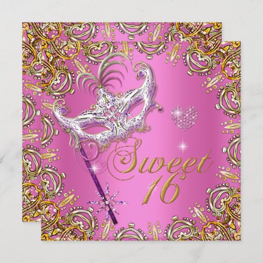 Pink 16 . Geburtstag Sweet 16 Masquerade Gold Einladung (Vorne/Hinten)