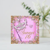 Pink 16 . Geburtstag Sweet 16 Masquerade Gold Einladung (Stehend Vorderseite)
