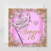 Pink 16 . Geburtstag Sweet 16 Masquerade Gold Einladung (Vorderseite)