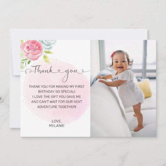 Pink 1. Geburtstag Foto Danke Karte (Vorderseite)