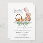 Pink 1. Geburtstag Teddy Bear Picnic Einladung (Vorne/Hinten)