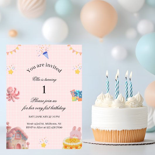 Pink 1st Birthday Invitation Einladung