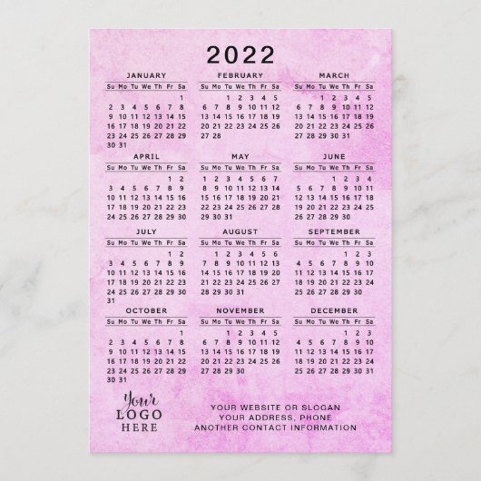 Pink 2022 Kalender Ihr Logo-Geschäft Programm (Vorderseite)