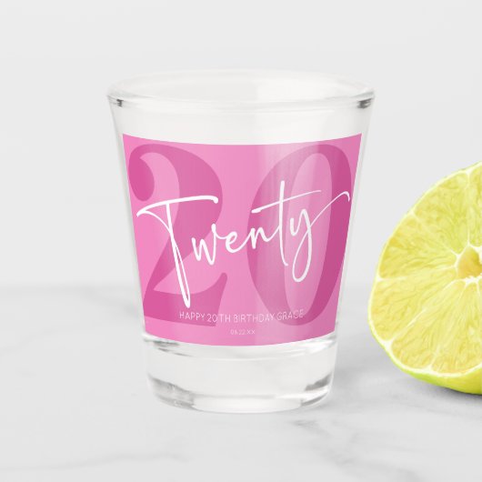 Pink 20. 20. Geburtstagsparty Geschenk Schnapsglas (Vorderseite)