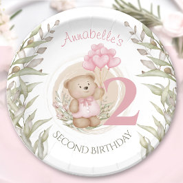 Pink 2. Geburtstag Niedlich Teddy Bären Papier Tel Pappteller