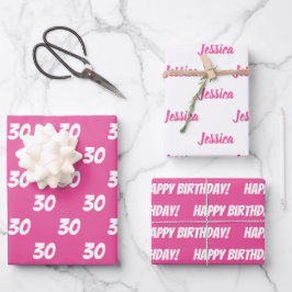 PINK 30th Happy Birthday Individuelle Name Geschenkpapier Set