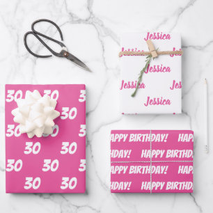 PINK 30th Happy Birthday Individuelle Name Geschenkpapier Set