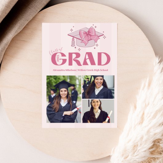 Pink 3 Fotos Coquette Bow Graduation Party Ankündigung