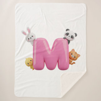 Pink 3D Letter M Sherpa Throw Blanket with Animals Sherpadecke