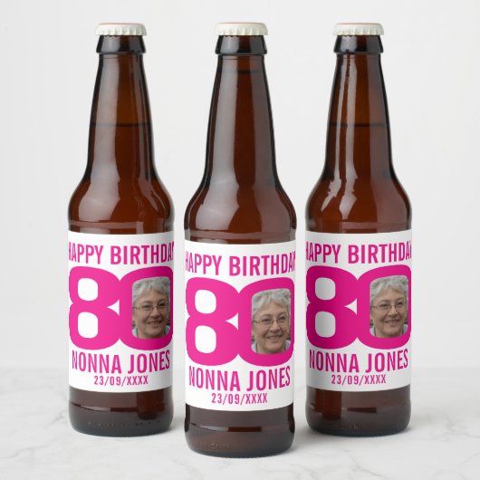 Pink, 80. Geburtstag, benutzerdefiniertes Foto Bierflaschenetikett (Flaschen)