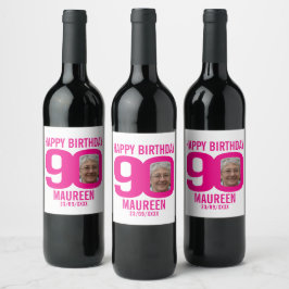 Pink 90. Geburtstag, benutzerdefiniertes Foto Weinetikett