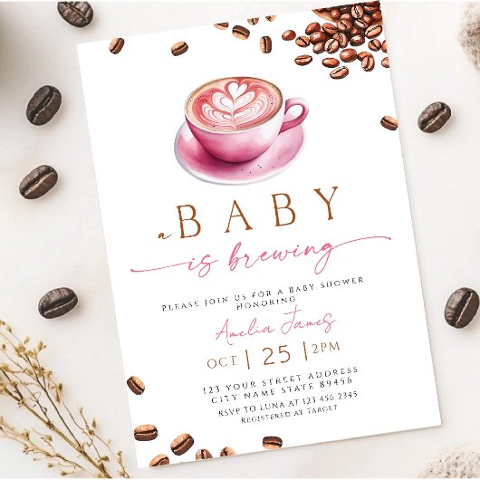 Pink A Baby is Brewing Coffee Bean Baby Shower Einladung