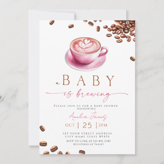 Pink A Baby is Brewing Coffee Bean Baby Shower Einladung (Vorderseite)