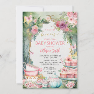 Pink A Baby Is Brewing Tea Party Baby Shower Einladung