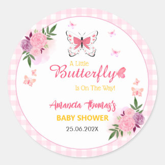 Pink A Little Butterfly Is On The Way Baby Shower Runder Aufkleber