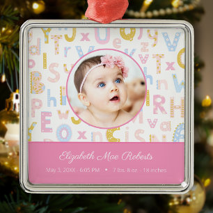 Pink ABC Birth Stat Baby Girls Foto Weihnachten Ornament Aus Metall