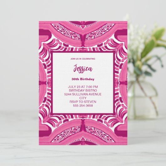 Pink Abstract Pattern Birthday Invitation Einladung (Stehend Vorderseite)