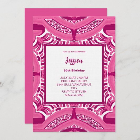 Pink Abstract Pattern Birthday Invitation Einladung (Vorne/Hinten)