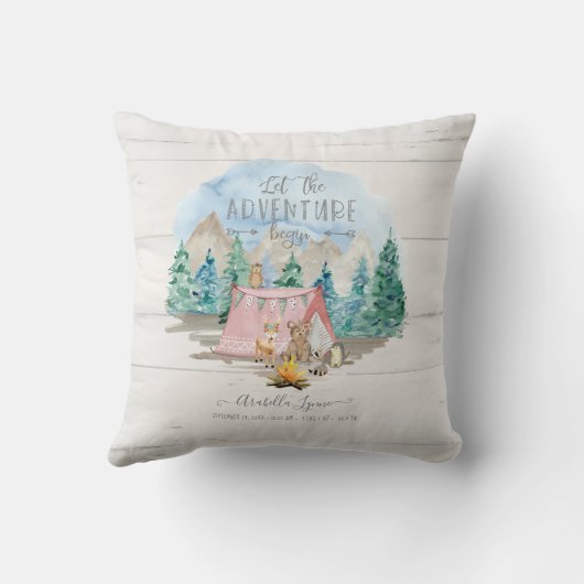 Pink Adventure Beginnen Rustikale Geburtsstaten Ba Kissen (Rückseite)