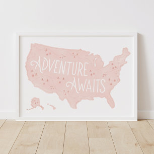 Pink Adventure erwartet US Map Kids Room Decke Poster