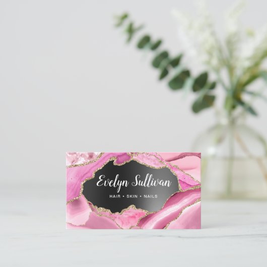 Pink Agate Black Foil Visitenkarte (Stehend Vorderseite)