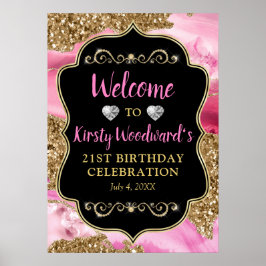 Pink Agate Geode Slices und Gold Glitzer Geburtsta Poster