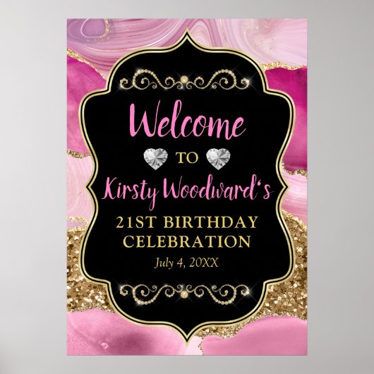 Pink Agate Geode Slices und Gold Glitzer Geburtsta Poster (Vorne)