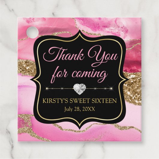 Pink Agate Geode Slices und Gold Glitzer Sweet 16 Geschenkanhänger (Vorderseite)